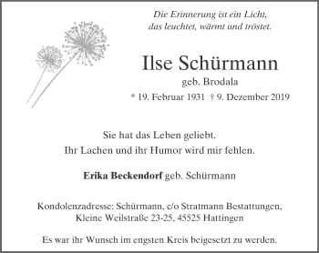 Traueranzeige von Ilse Schürmann von Stadtspiegel Hattingen/Niedersprockhövel