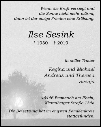 Traueranzeige von Ilse Sesink von Stadtanzeiger Emmerich/Rees/Isselburg