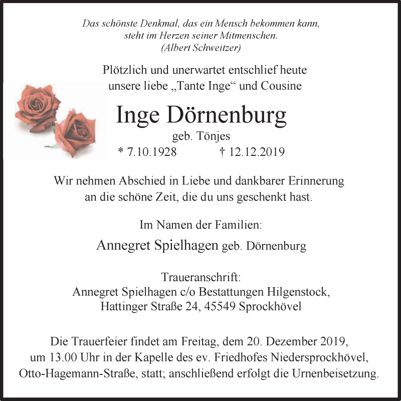  Traueranzeige für Inge Dörnenburg vom 18.12.2019 aus Stadtspiegel Hattingen/Niedersprockhövel