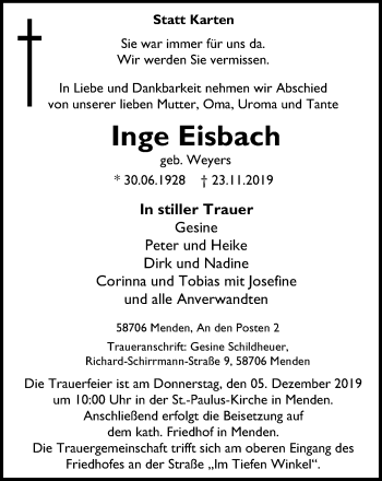 Traueranzeige von Inge Eisbach von Stadtspiegel Menden + Froendenberg