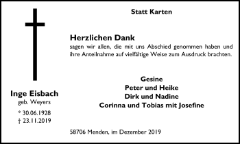 Traueranzeige von Inge Eisbach von Stadtspiegel Menden + Froendenberg
