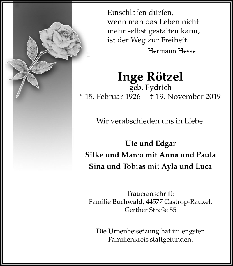  Traueranzeige für Inge Rötzel vom 07.12.2019 aus Stadtanz.Castrop-Rauxel