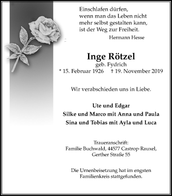 Traueranzeige von Inge Rötzel von Stadtanz.Castrop-Rauxel