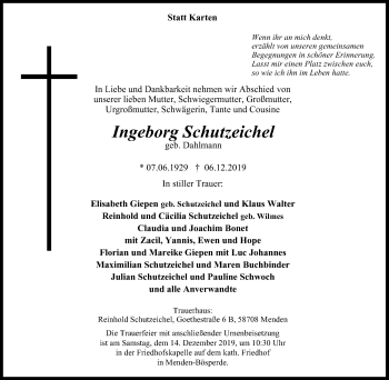 Traueranzeige von Ingeborg Schutzeichel von Stadtspiegel Menden + Froendenberg