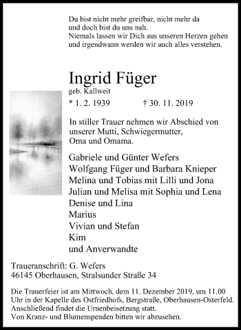 Traueranzeige von Ingrid Füger von Wochen-Anzeiger Oberhausen