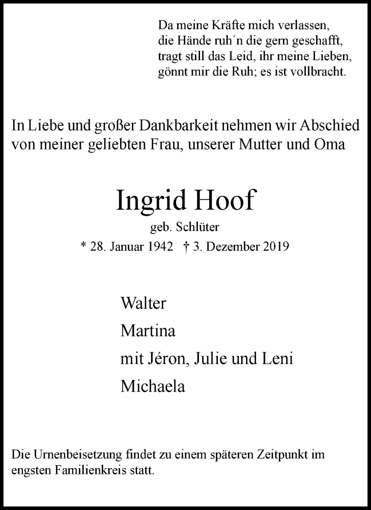  Traueranzeige für Ingrid Hoof vom 11.12.2019 aus Der Weseler + Der Xantener