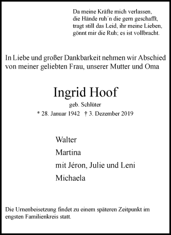 Traueranzeige von Ingrid Hoof von Der Weseler + Der Xantener