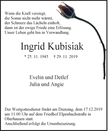 Traueranzeige von Ingrid Kubisiak von Wochen-Anzeiger Oberhausen
