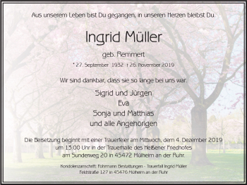 Traueranzeige von Ingrid Müller von Mülheimer Woche