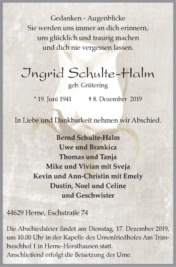 Traueranzeige von Ingrid Schulte-Halm von Wochenblatt Herne/Wanne-Eickel