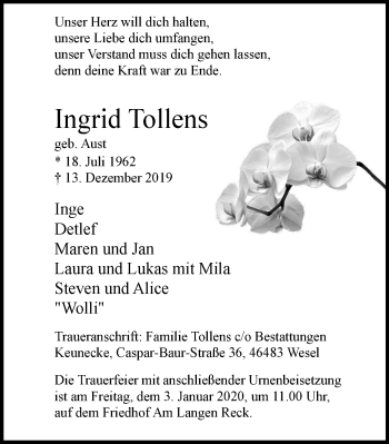 Traueranzeige von Ingrid Tollens von Der Weseler + Der Xantener