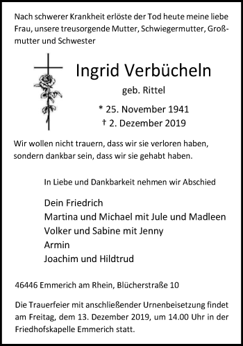 Traueranzeige von Ingrid Verbücheln von Stadtanzeiger Emmerich/Rees/Isselburg