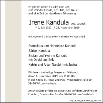 Traueranzeige von Irene Kandula von Stadtspiegel Bochum + Wattenscheid