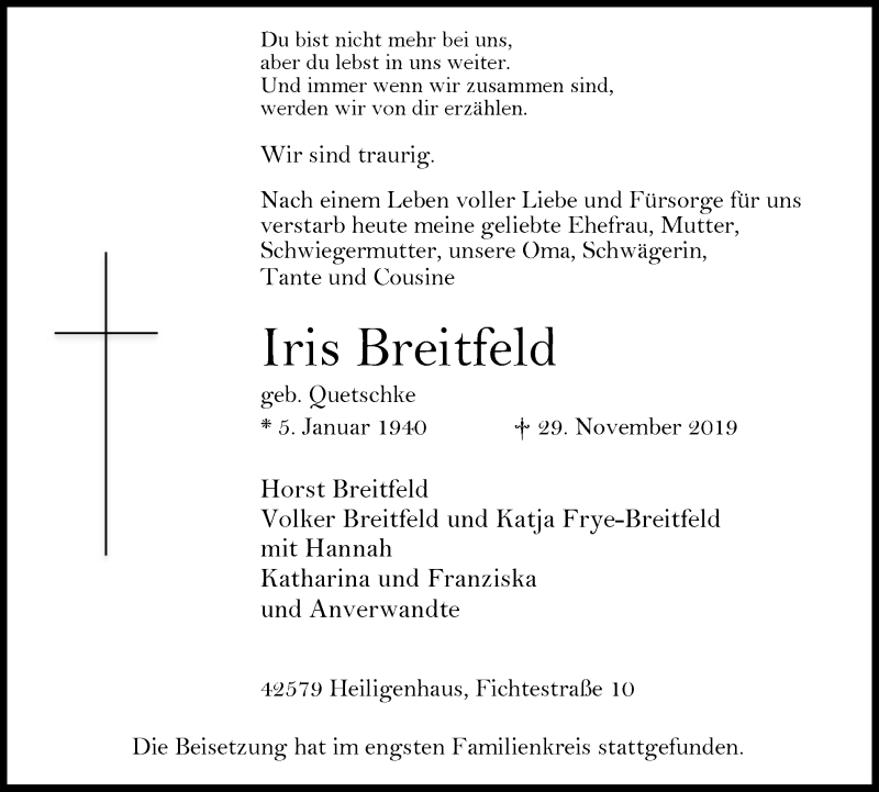  Traueranzeige für Iris Breitfeld vom 07.12.2019 aus Stadtanzeiger Velbert + Heiligenhaus