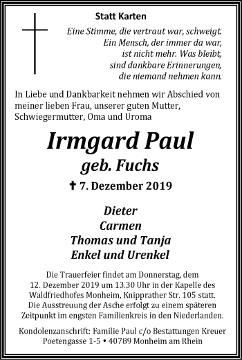 Traueranzeige von Irmgard Paul von Wochen-Anzeiger Langenfeld/Monheim/Hilden