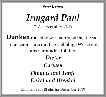 Traueranzeige von Irmgard Paul von Wochen-Anzeiger Langenfeld/Monheim/Hilden