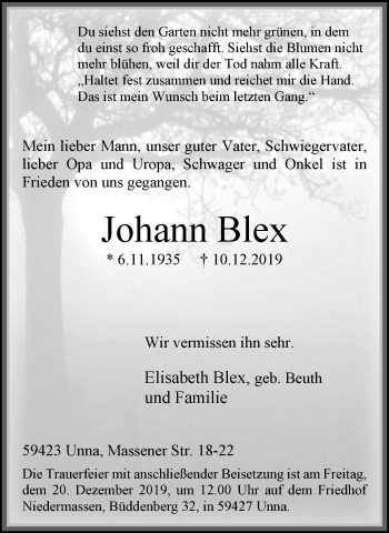 Traueranzeige von Johann Blex von Stadtspiegel Kamen + Unna