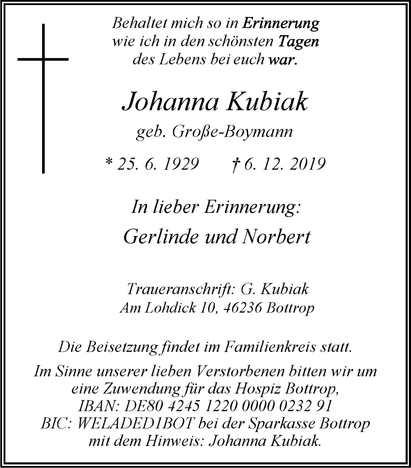  Traueranzeige für Johanna Kubiak vom 14.12.2019 aus Stadtspiegel Bottrop