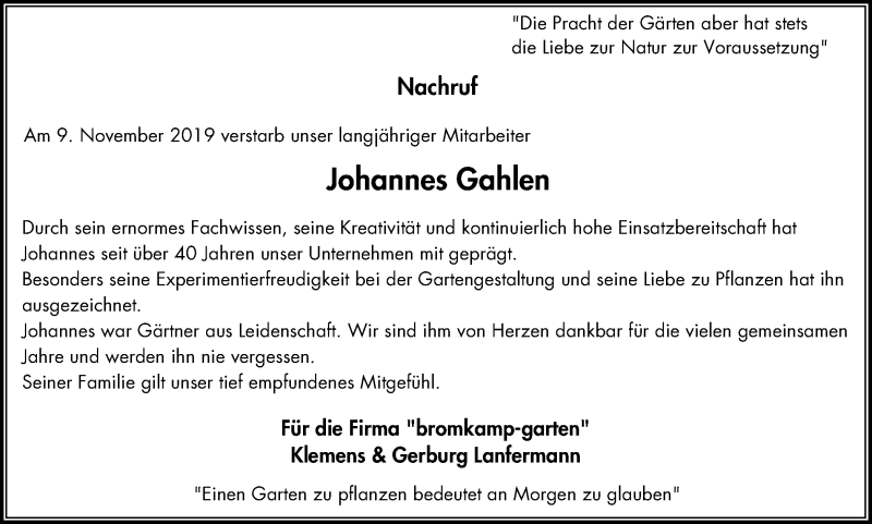  Traueranzeige für Johannes Gahlen vom 14.12.2019 aus Stadtspiegel Bottrop