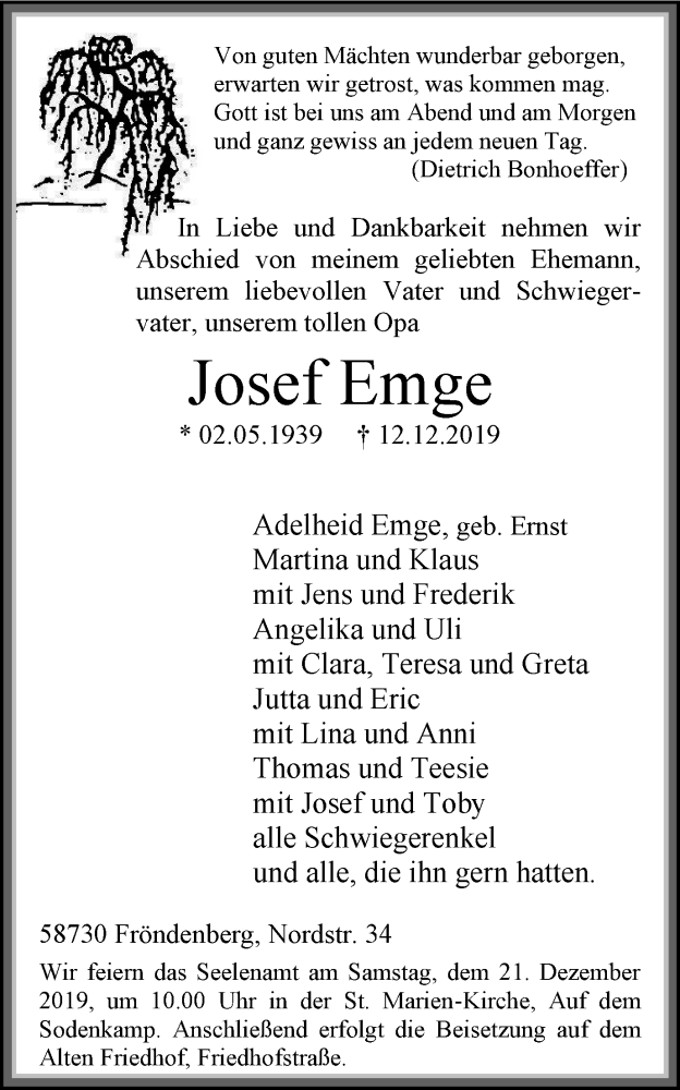  Traueranzeige für Josef Emge vom 18.12.2019 aus Stadtspiegel Menden + Froendenberg