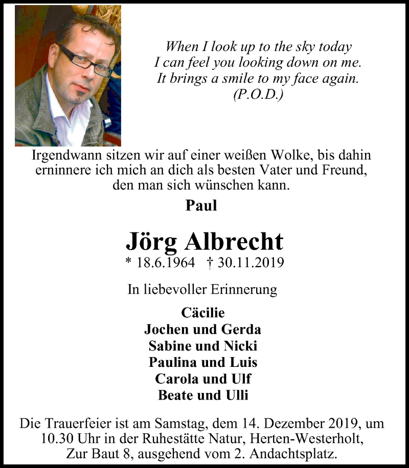  Traueranzeige für Jörg Albrecht vom 14.12.2019 aus Stadtspiegel Gladbeck