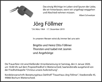 Traueranzeige von Jörg Föllmer von Stadtspiegel Wattenscheid