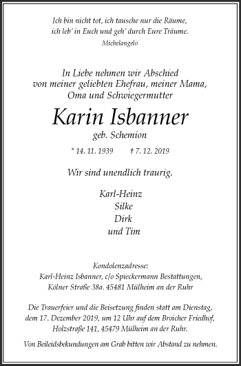 Traueranzeige von Karin Isbanner von Mülheimer Woche