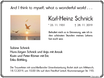 Traueranzeige von Karl-Heinz Schnick von WVW Anzeigenblätter