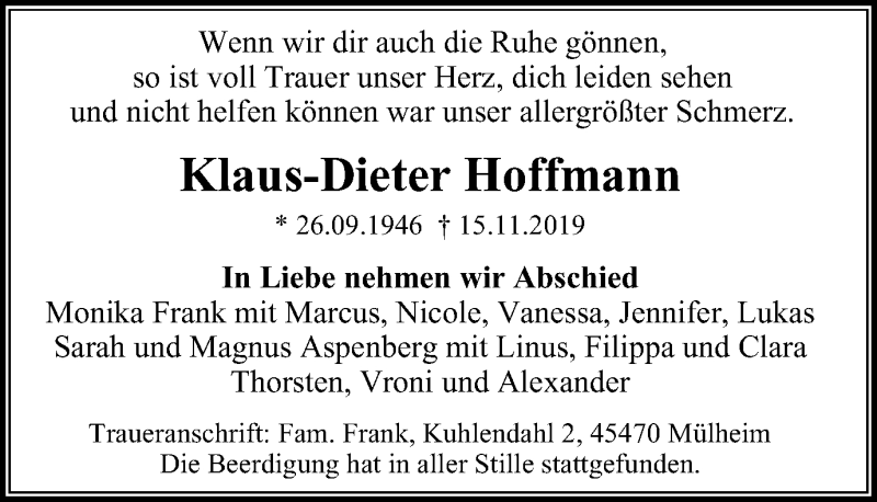  Traueranzeige für Klaus-Dieter Hoffmann vom 30.11.2019 aus Mülheimer Woche
