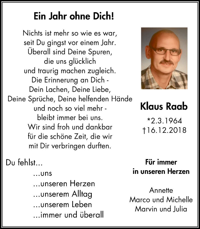  Traueranzeige für Klaus Raab vom 14.12.2019 aus Stadtanz.Castrop-Rauxel