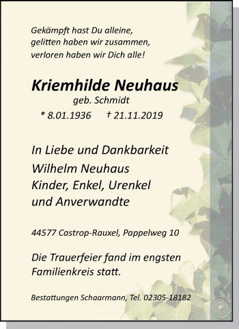 Traueranzeige von Kriemhilde Neuhaus von Stadtanz.Castrop-Rauxel