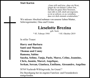 Traueranzeige von Lieselotte Brezina von Stadtspiegel Iserlohn + Hemer