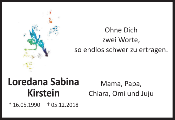 Traueranzeige von Loredana Sabina Kirstein von Wochen-Anzeiger Oberhausen