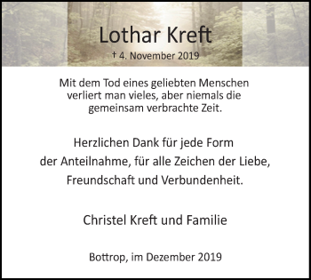 Traueranzeige von Lothar Kreft von Stadtspiegel Bottrop