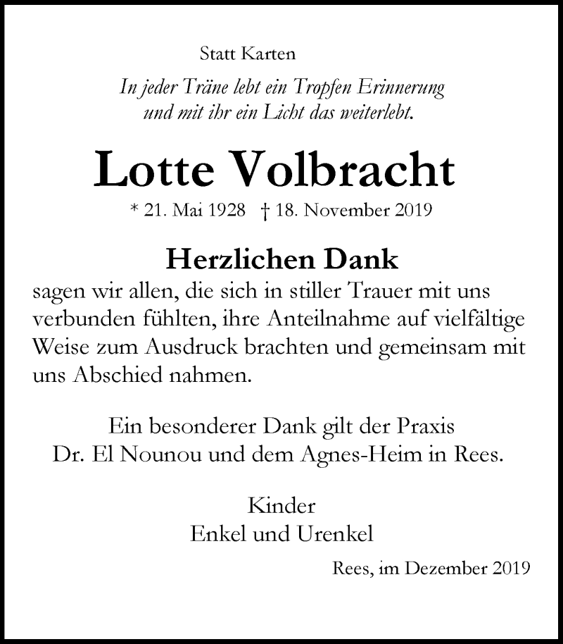  Traueranzeige für Lotte Volbracht vom 21.12.2019 aus Stadtanzeiger Emmerich/Rees/Isselburg