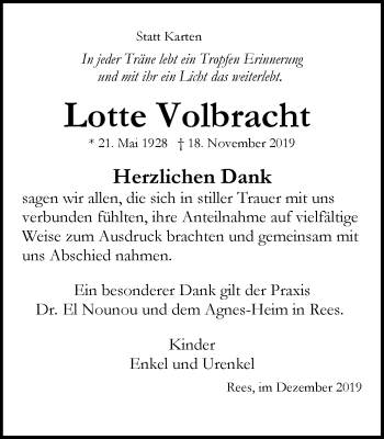 Traueranzeige von Lotte Volbracht von Stadtanzeiger Emmerich/Rees/Isselburg