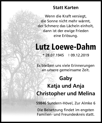 Traueranzeige von Lutz Loewe-Dahm von Stadtspiegel Iserlohn + Hemer