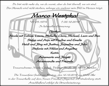 Traueranzeige von Marco Westphal von Stadtspiegel Menden + Froendenberg