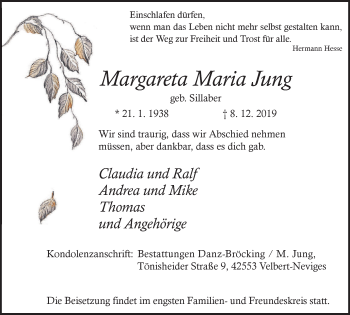 Traueranzeige von Margareta Maria Jung von Stadtanzeiger Velbert + Heiligenhaus
