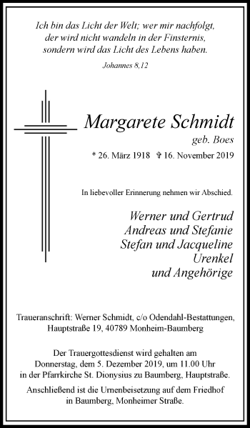 Traueranzeige von Margarete Schmidt von Wochen-Anzeiger Langenfeld/Monheim/Hilden
