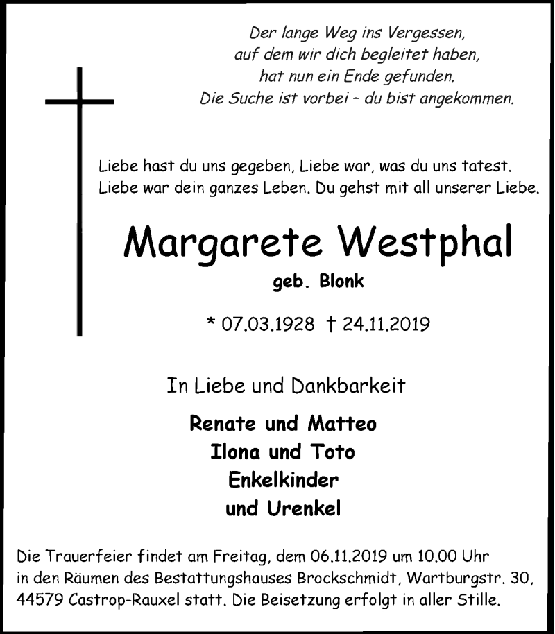  Traueranzeige für Margarete Westphal vom 30.11.2019 aus Stadtanz.Castrop-Rauxel