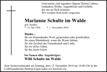 Traueranzeige von Marianne Schulte im Walde von Stadtspiegel Bottrop