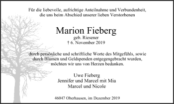 Traueranzeige von Marion Fieberg von Wochen-Anzeiger Oberhausen