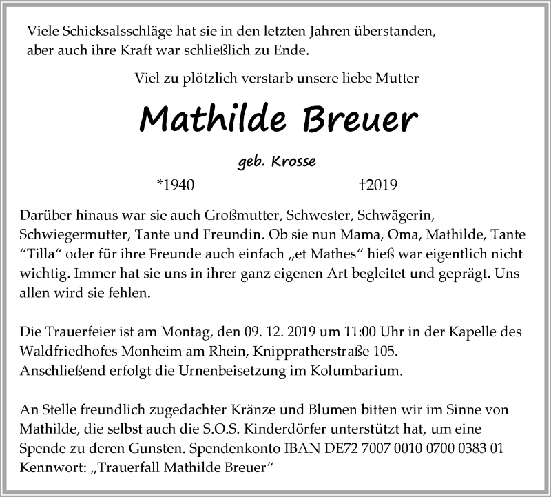  Traueranzeige für Mathilde Breuer vom 30.11.2019 aus Wochen-Anzeiger Langenfeld/Monheim/Hilden
