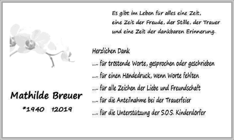  Traueranzeige für Mathilde Breuer vom 21.12.2019 aus Wochen-Anzeiger Langenfeld/Monheim/Hilden