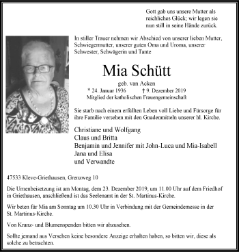 Traueranzeige von Mia Schütt von Klever Wochenblatt