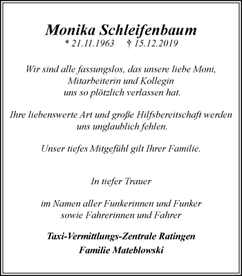 Traueranzeige von Monika Schleifenbaum von WVW Anzeigenblätter