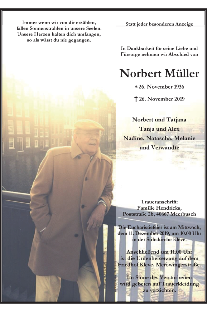  Traueranzeige für Norbert Müller vom 07.12.2019 aus Klever Wochenblatt