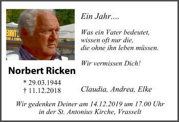 Traueranzeige von Norbert Ricken von Stadtanzeiger Emmerich/Rees/Isselburg