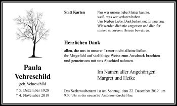 Traueranzeige von Paula Vehreschild von Klever Wochenblatt